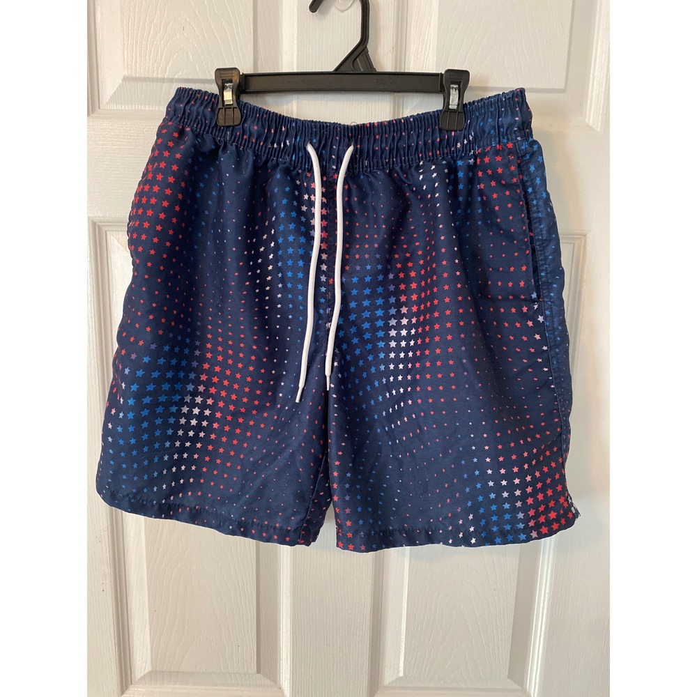 Way to Celebrate Patriotic Mens Swim Trunks Navy Blue Star Pattern Size M 32-34